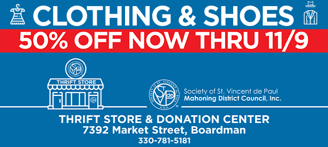 SAVE 50% on clothing and shoes NOW through Sunday 11/9/2025 at the Thrift Store & Donation Center in Boardman, OH!
